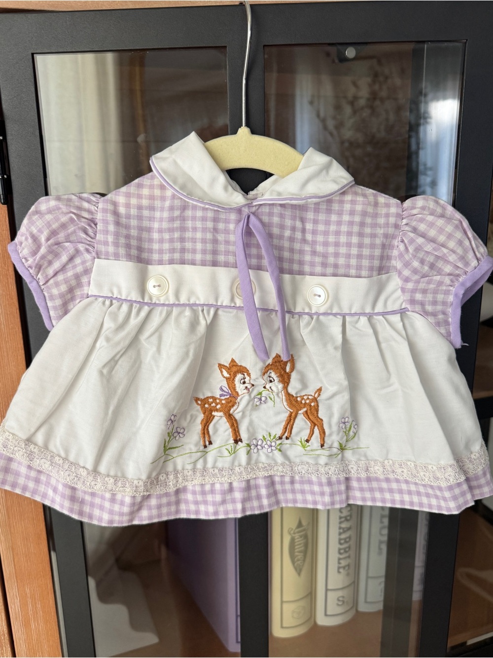 Vintage heirloom dress deer embroidered gingham bow collar baby girl newborn